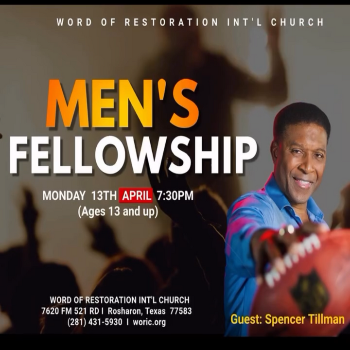 Advertisement for Men's Fellowship event at Word of Restoration Intl Church with a man holding a football.